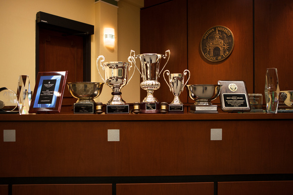 Advocacy trophies and awards in the Eleazer Courtroom.